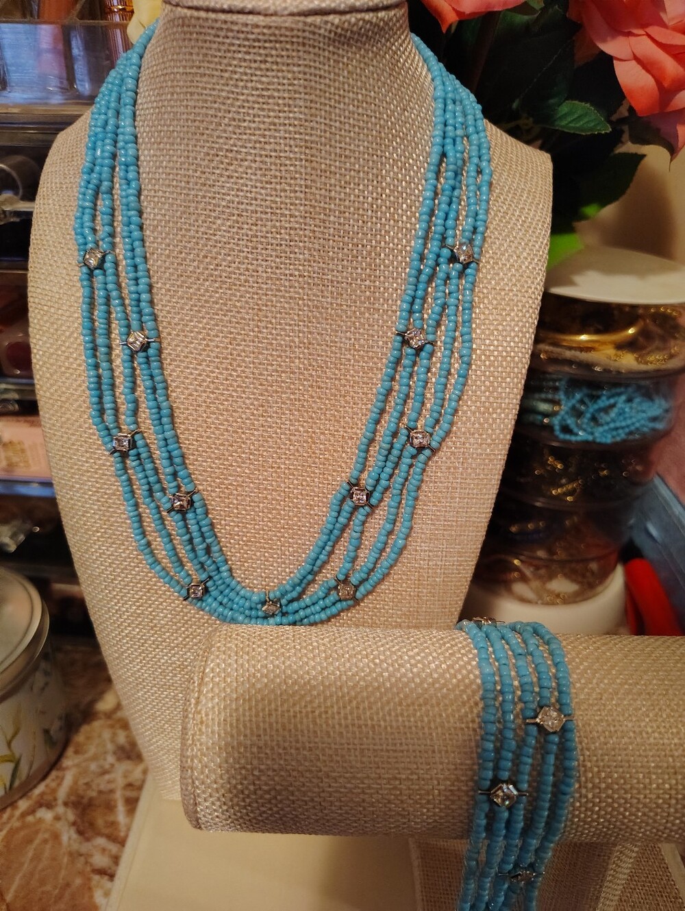 Suzanne Somers Vintage Simulated Turquoise Beaded Necklace And Bracelet Set
